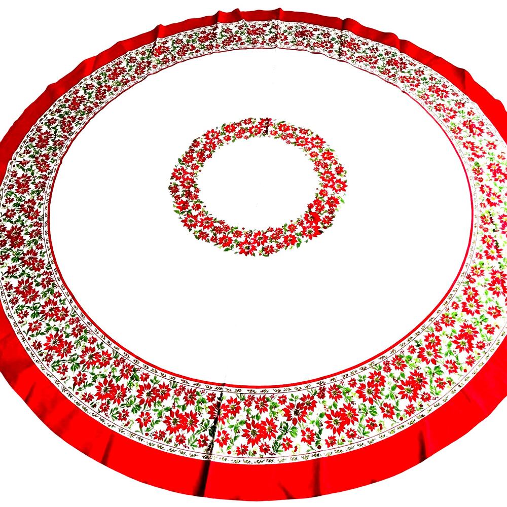 Christmas Holiday tablecloth 66" round polyester cotton poinsettias white & red